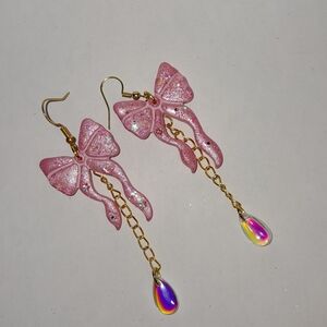 Glittering Pink Bow Earrings with Gold Chain